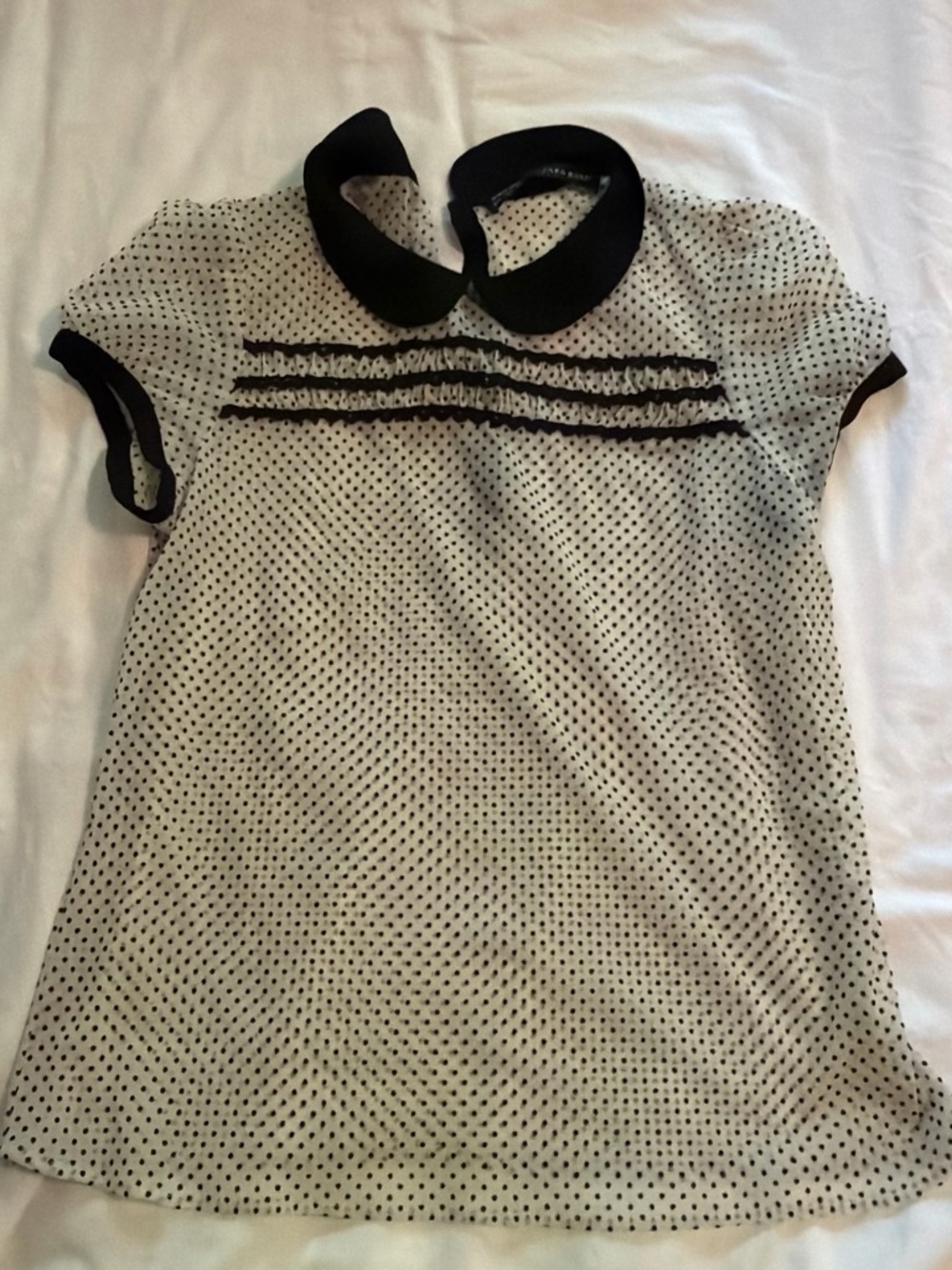 Zara Girls' Black and White Polka Dot Peter Pan Collar Top